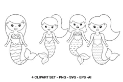 Cute mermaid line art illustrations with different hairstyles and tails