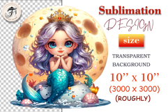 Cute little mermaid sitting by the sea with the full moon behind her, surrounded by seashells, sparkles, and fantasy ocean plants. Ideal for kids’ projects and sublimation crafts.