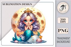 Cute little mermaid sitting by the sea with the full moon behind her, surrounded by seashells, sparkles, and fantasy ocean plants. Ideal for kids’ projects and sublimation crafts.