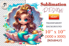 Cute mermaid girl with big blue eyes and flower crown in clam shell with starfish, great for children’s invitations and sea-themed printables.