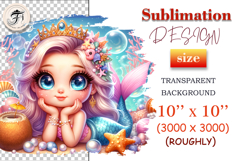 Cute cartoon mermaid with big blue eyes, crown, and pastel hair, surrounded by pearls, starfish, and a coconut drink. Tropical undersea illustration perfect for summer sublimation crafts and kids’ designs.