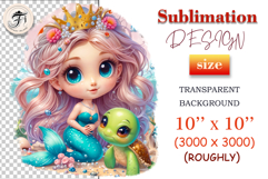 Cute mermaid princess with crown and baby turtle in pastel underwater scene, perfect for kids designs, nursery art, and sublimation projects.