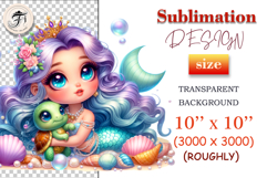 Cute mermaid princess with crown and baby turtle in pastel underwater scene, perfect for kids designs, nursery art, and sublimation projects.