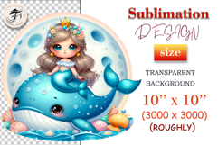 Cute mermaid clipart with a crown sitting on a blue whale under the moon, perfect for kids crafts, ocean-themed sublimation, baby designs, and nursery art.