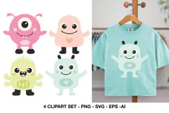 Cute monster clipart with four friendly pastel creatures and playful expressions
