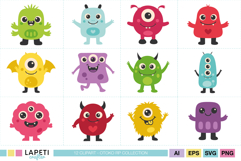 Grid of 12 colorful monsters with friendly faces, ideal for children’s illustrations, posters, and DIY stickers.