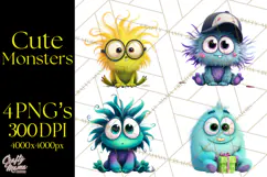 Cute Cartoon Monsters Clipart PNG Halloween Sitting Monsters Product Image 1