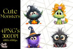 Cute Cartoon Monsters Clipart PNG Halloween Sitting Monsters Product Image 1