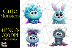 Cute Cartoon Monsters Clipart PNG Halloween Sitting Monsters Product Image 1
