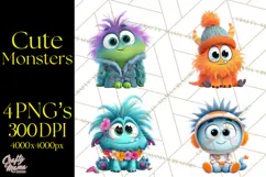 Cute Cartoon Monsters Clipart PNG Halloween Sitting Monsters Product Image 1