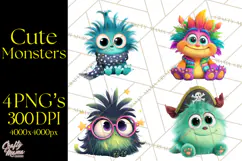 Cute Cartoon Monsters Clipart PNG Halloween Sitting Monsters Product Image 1