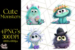 Cute Cartoon Monsters Clipart PNG Halloween Sitting Monsters Product Image 1