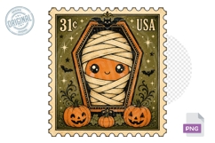 Cute Mummy Pumpkin Coffin Halloween Stamp PNG Art Design Product Image 1