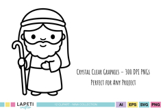 Kids nativity characters in black and white line art