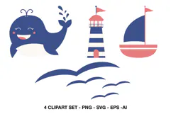 Cute nautical clipart with whale lighthouse sailboat and seagulls