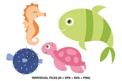 Four cute ocean animal clipart illustrations with seahorse, sea turtle, pufferfish and tropical fish