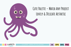 Purple kawaii octopus clipart with big round eyes and tentacles, ocean animal illustration.