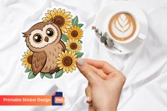 Cute Owl And Sunflowers Sticker, Cute Sunflower Sticker Product Image 1