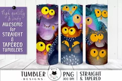 tumbler wrap design with cute owls shown on tumblers