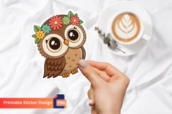 Cute Owl With Flower Sticker, Floral Owl Illustration Product Image 1