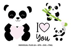 Four cute panda illustrations for baby bodysuits and children’s clothing designs