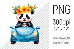 Cute Panda driving a vintage blue car sublimation design. Ideal for sublimation, scrapbooking, invitations, nursery prints, stickers, and more.