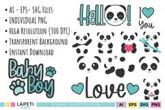 Baby shower panda clipart with hearts and bamboo