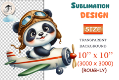 Cute cartoon panda pilot flying a vintage airplane, watercolor sublimation clipart for kids, nursery decor, stickers, t-shirts, and greeting cards.