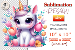 Watercolor illustration of a pastel unicorn sitting among spring flowers.
