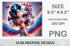 Cute patriotic girl with pin-up style and wings in red, white, and blue for 20 oz tumbler wrap sublimation