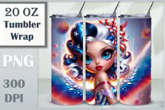 Cute patriotic girl with pin-up style and wings in red, white, and blue for 20 oz tumbler wrap sublimation