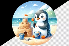 Cute penguin building sandcastle on summer beach bucket shovel print 20 oz tumbler skinny mug wrap clipart t-shirt sublimation printable design