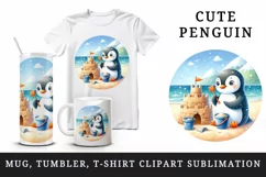 Cute penguin building sandcastle on summer beach bucket shovel print 20 oz tumbler skinny mug wrap clipart t-shirt sublimation printable design