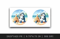 Cute penguin building sandcastle on summer beach bucket shovel print 20 oz tumbler skinny mug wrap clipart t-shirt sublimation printable design