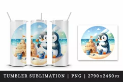 Cute penguin building sandcastle on summer beach bucket shovel print 20 oz tumbler skinny mug wrap clipart t-shirt sublimation printable design