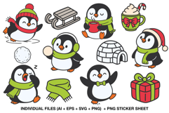 Adorable penguin clipart bundle with 12 cute winter illustrations including penguins, igloo, gift and hot cocoa mug – digital download by LapetiCrafter.