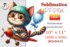 Cute cartoon pilot cat flying a plane with balloons – perfect for kids sublimation designs, party invites, and nursery prints.
