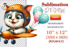 Cute watercolor clipart of a pilot kitten flying an airplane with balloons and stars – perfect for sublimation, kids party decor, greeting cards, nursery prints, and playful printable designs.