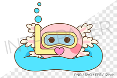 Cute pink axolotl about to dive into water wearing goggles Product Image 1