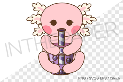 Cute pink axolotl hugging and drinking taro bubble milk tea Product Image 1