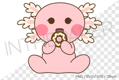 Cute pink axolotl sitting and eating a donut PNG Clipart SVG Product Image 1