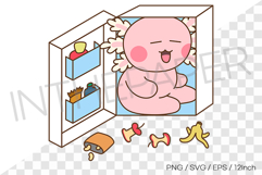 Cute pink axolotl stuffed into fridge during hot summer PNG Product Image 1