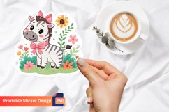 Cute Pink Bow Zebra And Flowers Sticker, Animal Print Art Product Image 1