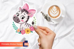 Cute Pink Bow Zebra And Flowers Sticker, Animal Print Art Product Image 1