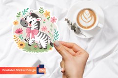 Cute Pink Bow Zebra And Flowers Sticker, Animal Print Art Product Image 1