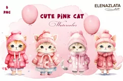 Winter Cute Pink Cat Watercolor Sublimation PNG Product Image 1