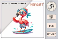 Explore this adorable cartoon pink flamingo surfer clipart perfect for children's parties, summer events, birthday invitations, t-shirt designs, sublimation prints, scrapbooking, and more. Bring a fun summer vibe to your projects.
