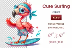 Explore this adorable cartoon pink flamingo surfer clipart perfect for children's parties, summer events, birthday invitations, t-shirt designs, sublimation prints, scrapbooking, and more. Bring a fun summer vibe to your projects.