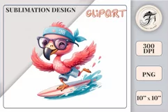 Explore this adorable cartoon pink flamingo surfer clipart perfect for children's parties, summer events, birthday invitations, t-shirt designs, sublimation prints, scrapbooking, and more. Bring a fun summer vibe to your projects.