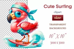 Explore this adorable cartoon pink flamingo surfer clipart perfect for children's parties, summer events, birthday invitations, t-shirt designs, sublimation prints, scrapbooking, and more. Bring a fun summer vibe to your projects.